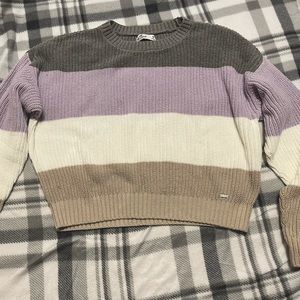 Gray, purple, white and tan striped hollister sweater, women’s medium.